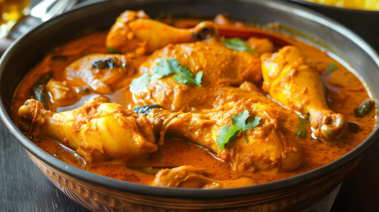 Bol de curry de poulet indien traditionnel avec coriandre fraîche.