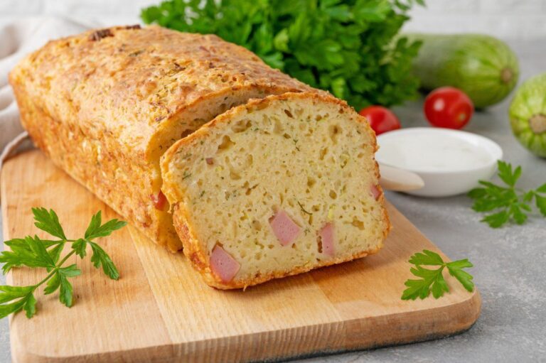Cake salé au jambon et aux herbes avec du persil frais.