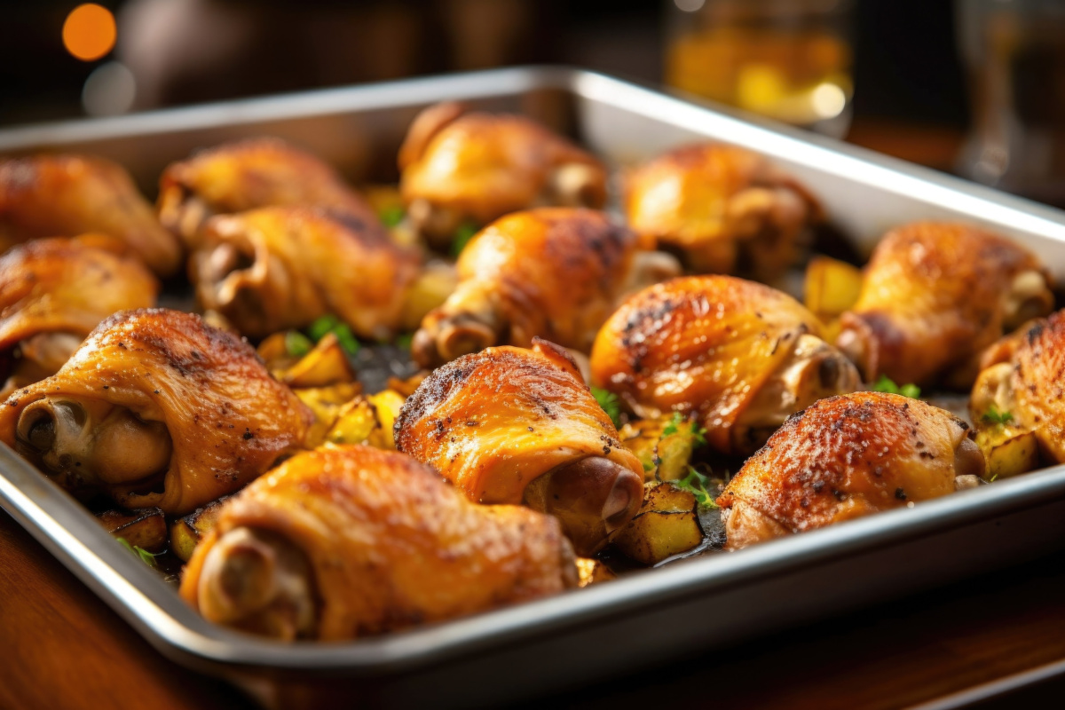 Plat de cuisson avec des cuisses de poulet dor&eacute;es et pommes de terre r&ocirc;ties.