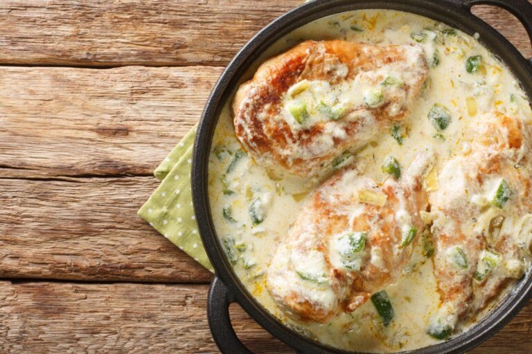 Filets de poulet en sauce crémeuse au jalapeño dans une cocotte.