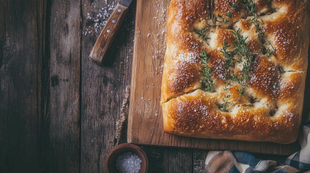 Focaccia dor&eacute;e au thym et gros sel.