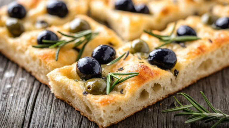Focaccia moelleuse garnie d'olives et de romarin.