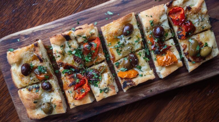 Focaccia aux olives et tomates coupée en parts.