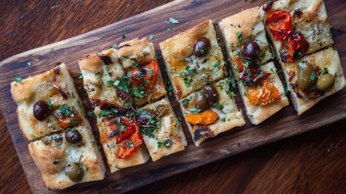 Focaccia aux olives et tomates coup&eacute;e en parts.