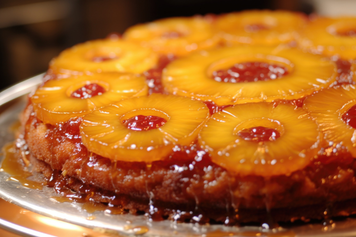 G&acirc;teau renvers&eacute; &agrave; l'ananas caram&eacute;lis&eacute; et ses cerises confites.