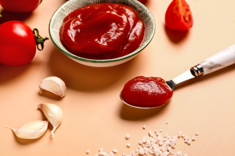 Bol de ketchup maison avec tomates fraîches, ail et gros sel.