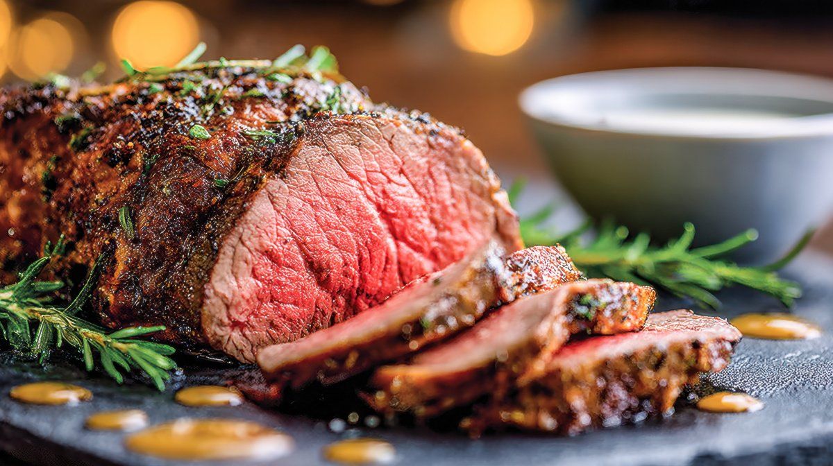 R&ocirc;ti de b&oelig;uf saignant tranch&eacute;, servi avec du romarin frais et sa sauce.