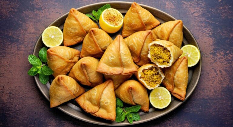 Samoussas frits au poulet garnis de tranches de citron et de menthe fraîche.
