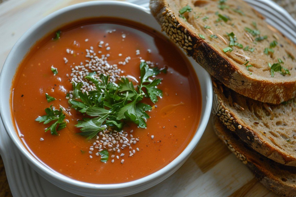 Bol de soupe &agrave; la tomate d&eacute;cor&eacute;e de persil frais et de graines de s&eacute;same.