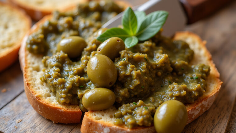 Toast de baguette garni de tapenade d'olives vertes fraîches.