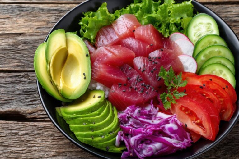 Bol de sashimi au thon cru, avocat et légumes frais.