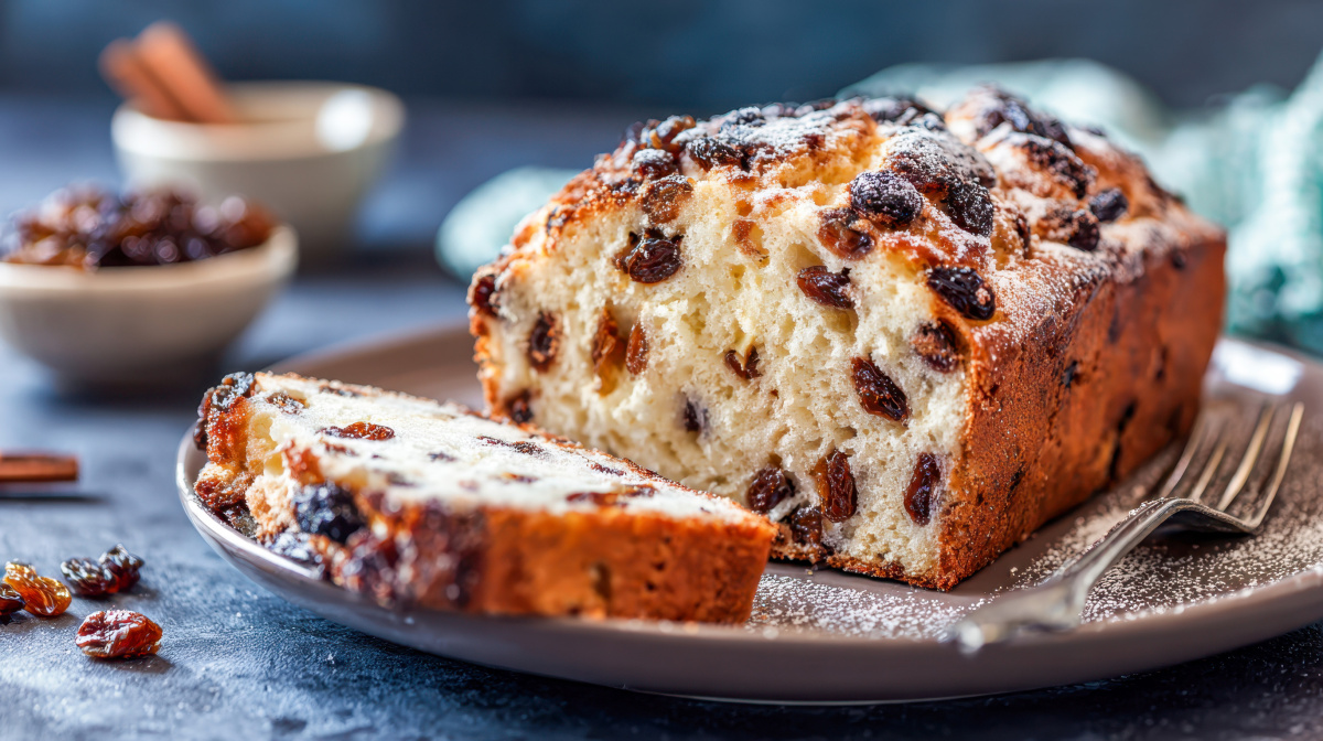 Cake aux raisins tranch&eacute; saupoudr&eacute; de sucre glace.