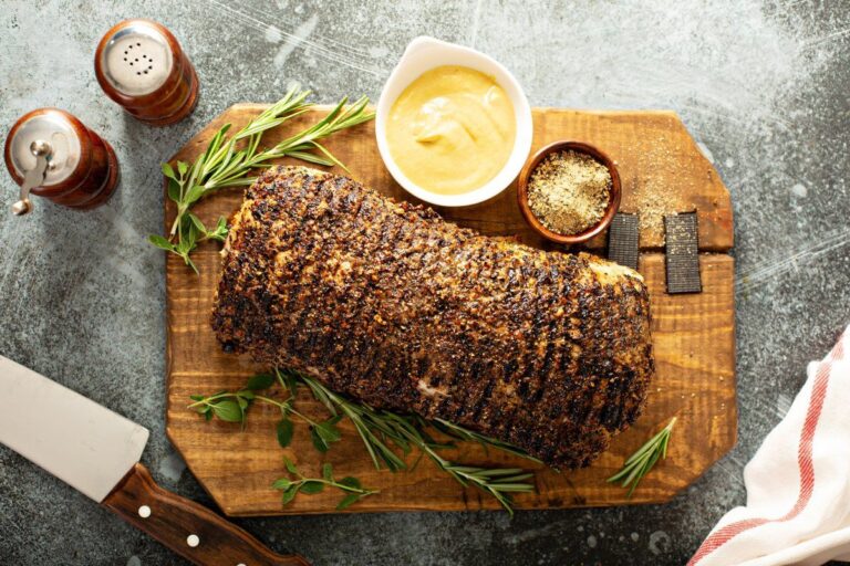 Longe de porc rôti en croûte d'épices à la moutarde.