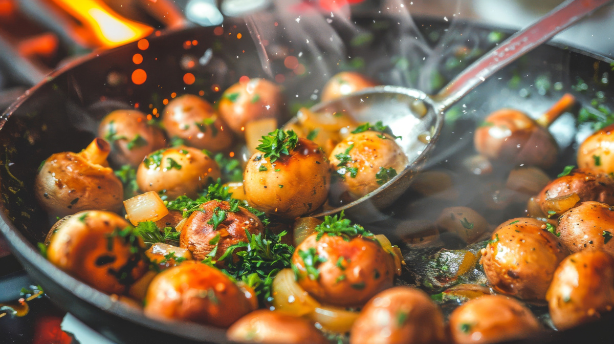 Po&ecirc;l&eacute;e de champignons de Paris au persil et oignons.