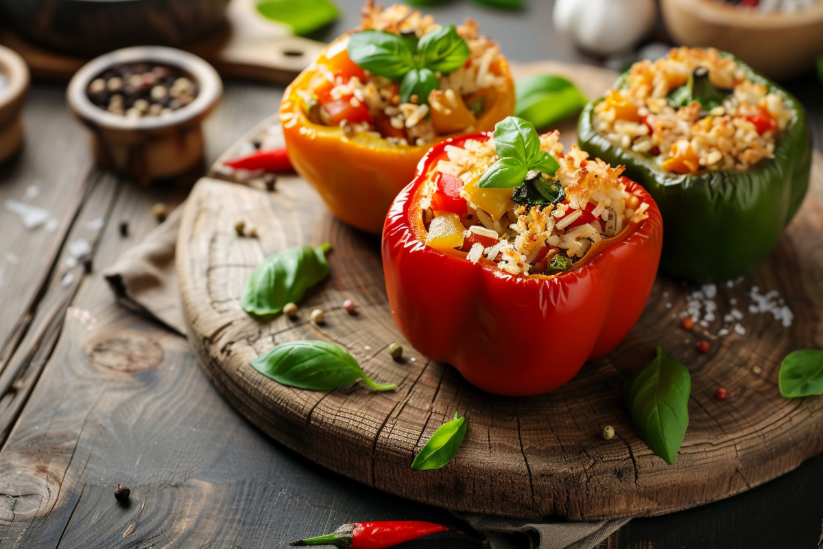 Poivrons farcis color&eacute;s au riz et l&eacute;gumes.