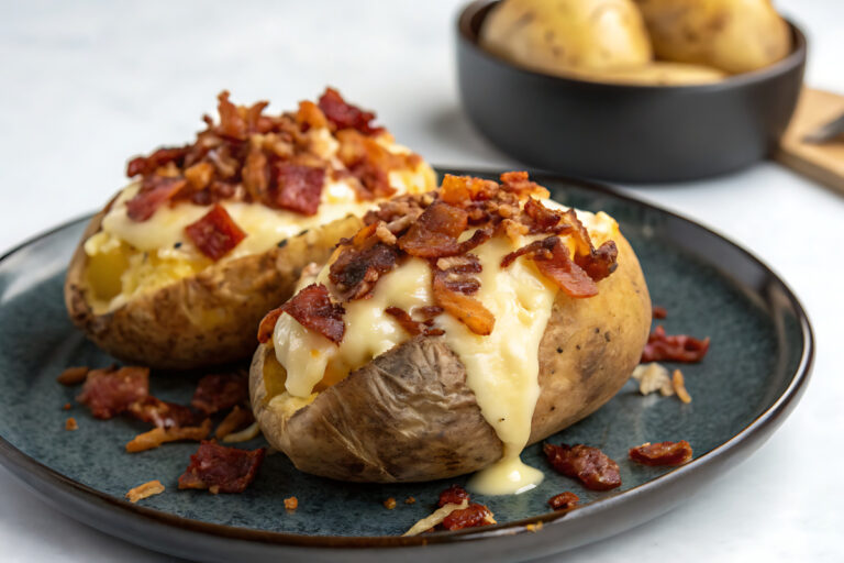Pommes de terre au four garnies de fromage fondu et de bacon.