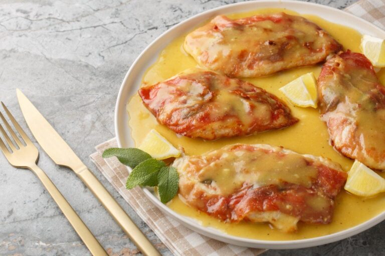 Escalopes de poulet saltimbocca au prosciutto et à la sauge nappées de sauce citron.