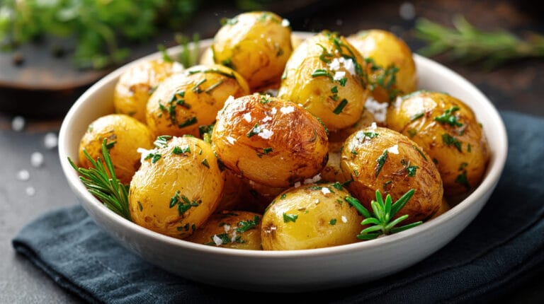 Pommes de terre grenailles dorées et rôties, garnies de persil, romarin et fleur de sel.