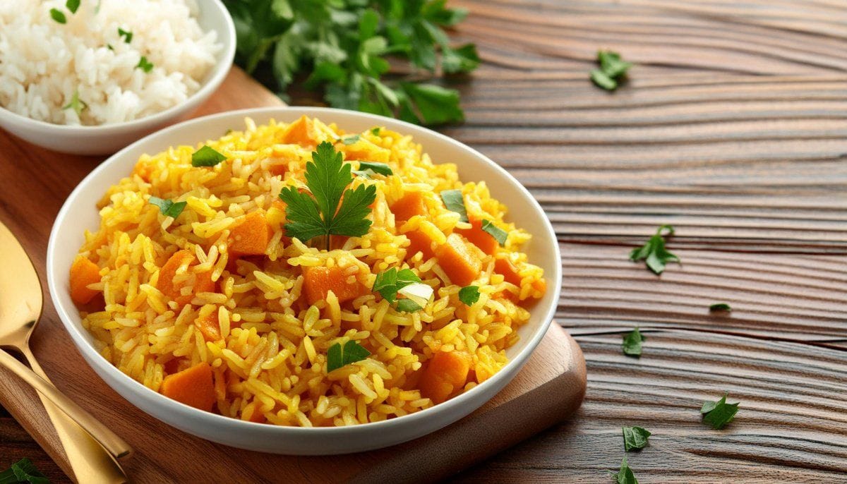 Riz au curry indien v&eacute;g&eacute;tarien garni de carottes et de coriandre.